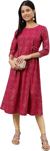 Vista 4 de Janasya Día de la Mujer Vino Poli Crepe Foil Print Flare Kurta