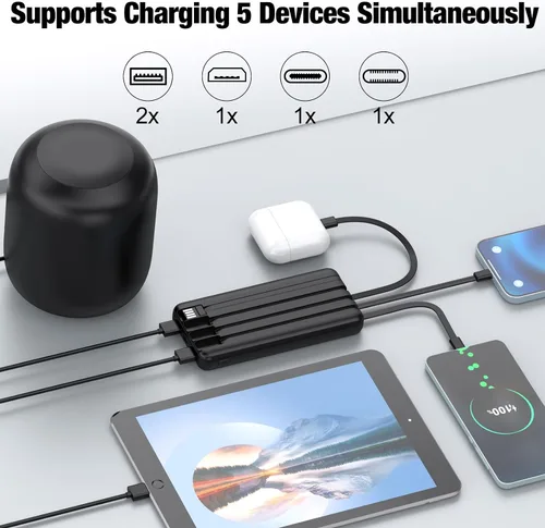 Vista 3 de Cargador portátil con cables integrados, batería de alta velocidad de 10000 mAh, paquete de batería de viaje, 5 salidas, 3 entradas, cargador