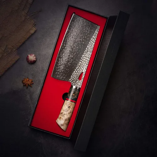 Vista 9 de Damascus Kitchen - Cuchillo chino de 7.5 pulgadas profesional hecho a mano con mango de madera estabilizado para carne y verduras en el hogar