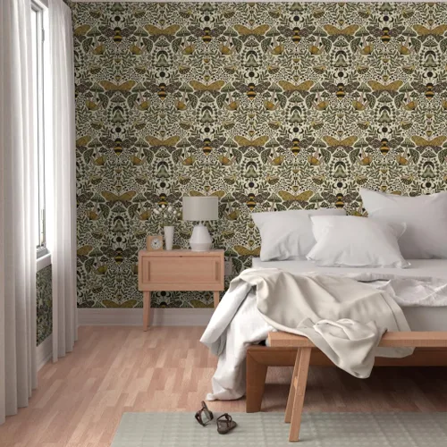 Vista 5 de Muestras de papel tapiz autoadhesivo - Nouveau Naturaleza Verde Amarillo Mariposa Naturaleza Bosque Plantas Art Nouveau Polilla Bohemia Abeja