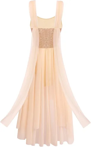 Vista 5 de ODASDO Vestido de baile lírico moderno y contemporáneo para mujer, disfraz de lentejuelas de tul de malla, falda alta y baja, ropa de ballet