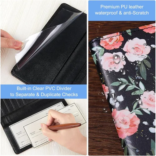 Vista 3 de Funda para chequera personal, cartera RFID con soporte para bolígrafo y divisor de plástico transparente integrado para cheques duplicados, Flor