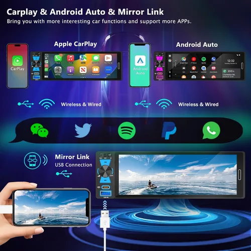 Vista 2 de Radio inalámbrica Apple CarPlay Android de 6.5 "con pantalla táctil DIN único FM/AM Car Stereo with Bluetooth 5.2,180W Audio,20-Band