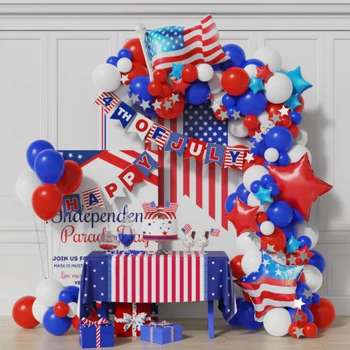 Vista 4 de Kit de arco de guirnalda de globos del 4 de julio, 100 globos azul marino, rojo y blanco con pancarta de papel para suministros de fiesta patriótica