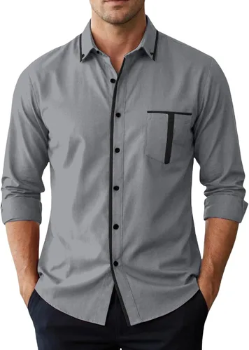 Vista 6 de Camisas de manga larga de algodón vintage para hombre, estilo casual, con botones, cuello en contraste