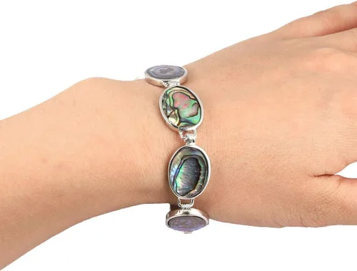Vista 5 de SUNYIK Pulsera de concha de abulón natural para mujer y hombre, brazalete de eslabones ajustables para unisex, formas variadas