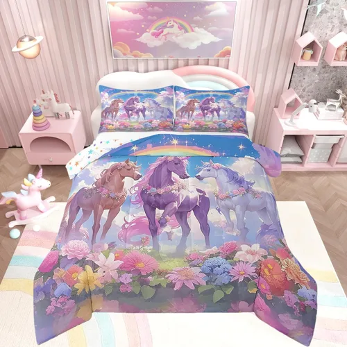 Vista 34 de Castle Fairy Juego de edredón de unicornio tamaño individual, reversible, lindo unicornio, arcoíris, caricatura, caballos, animales, para niños