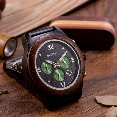 Vista 6 de BEWELL Relojes de madera para hombre cuarzo multifuncional cronógrafo fecha casual reloj de madera para hombre