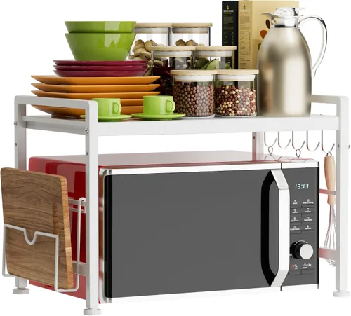 Vista 9 de YIUKEA Estante extensible para horno de microondas, estante ajustable para encimera de cocina, soporte de microondas de 2 niveles