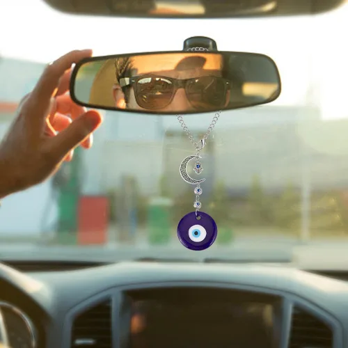 Vista 6 de Adorno colgante azul para coche con ojo malvado, dijes de cuentas con ojo malvado con adorno colgante de luna para coche, atrapasueños, regalo