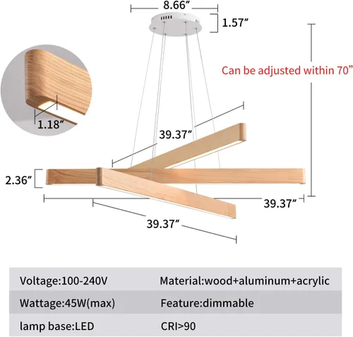 Vista 2 de Lámpara colgante lineal natural de madera maciza de 3 luces, moderna lámpara colgante LED regulable, candelabro para mesa de comedor, isla