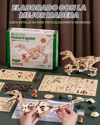 Vista 8 de ROKR Rompecabezas de madera 3D para adultos, kit de modelo de velociraptor, rompecabezas de madera 3D de 106 piezas, regalo para adultos