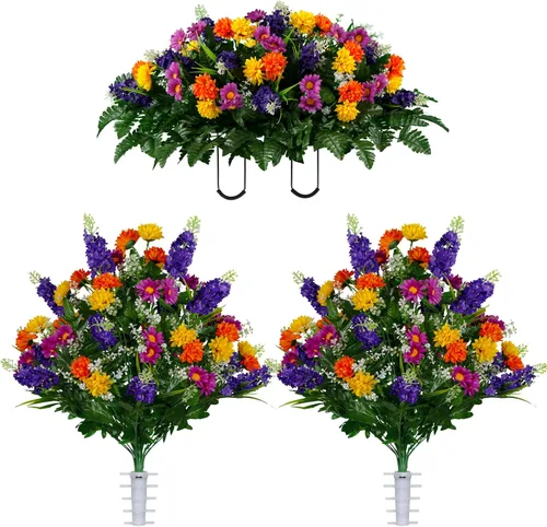Vista 14 de Sympathy Silks Flores artificiales para cementerios – Decoraciones para tumbas - 1 ramo de flores silvestres de violeta púrpura y naranja, 1 montura