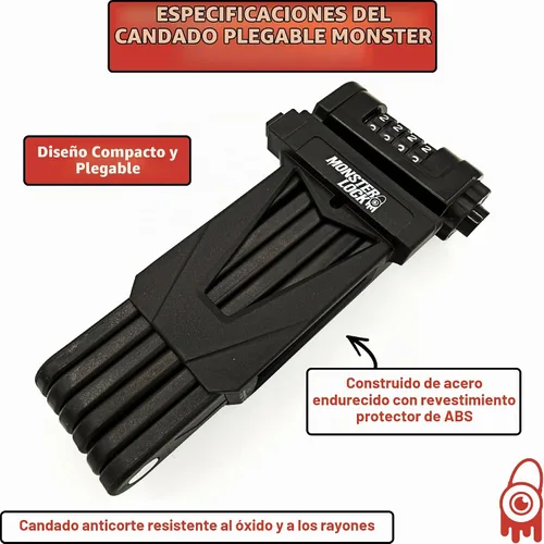 Vista 3 de Monster - Candado plegable para bicicleta, acero endurecido antirrobo, resistente al óxido, plegable, compacto, de alta seguridad, para bicicleta