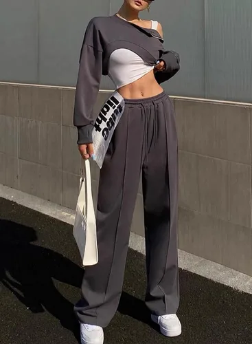Vista 7 de Aleumdr Pantalones deportivos de cintura alta con cordón y pierna ancha con bolsillos, pantalones de yoga sueltos casuales para mujer