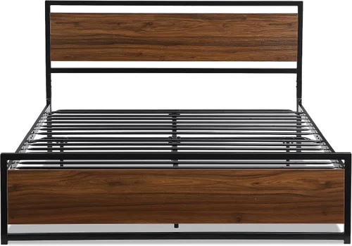 Vista 4 de Base de cama de metal de tamaño matrimonial con cabecera y estribo de madera, base de cama de plataforma resistente con almacenamiento, base