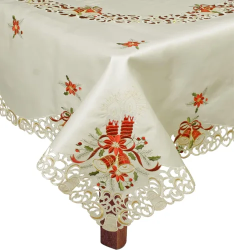 Vista 2 de Creative Linens Mantel de campana de pascua bordada navideña de Navidad de 70 x 90 y 8 servilletas beige