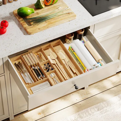 Vista 4 de HOOBRO Organizador grande de cubiertos para cajones de cocina, organizador de utensilios expandible con conexión magnética de 22 a 35 pulgadas