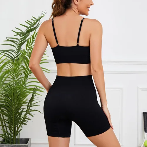 Vista 4 de Conjuntos de entrenamiento para mujer, 3 piezas, sin costuras, acanalados, sin mangas, cintura alta, pantalones cortos de yoga