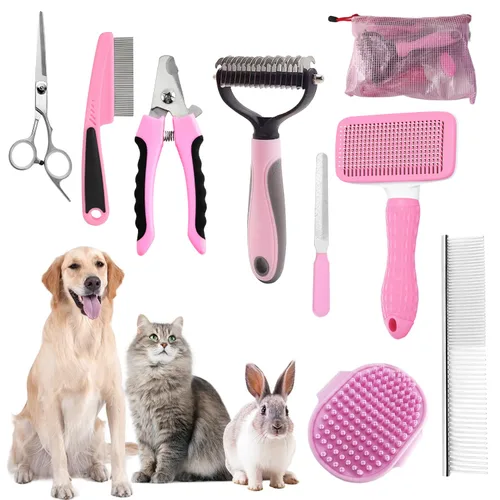 Vista 13 de Kit de Aseo para Baño con Cepillo de Pelo, Toalla y Guantes de Limpieza - Cepillo Slicker 6-en-1 para Perros y Gatos que Sueltan Pelo, Azul