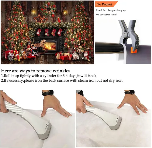 Vista 6 de Avezano Telones de fondo de Navidad para fotografía, madera rústica, chimenea, telón de fondo de fotos, árbol de Navidad, decoración de regalo
