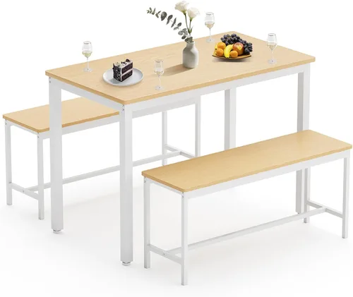 Vista 9 de Rovibek Juego de 4 sillas de mesa de comedor para 4, mesa de cocina moderna que ahorra espacio con 2 bancos y pies ajustables, mesa de desayuno