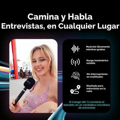 Vista 6 de Movo Kit de micrófono inalámbrico USB-C NanoMic con mango de entrevista, micrófono de entrevista de calle dual para iPhone 15/16/17+, Android y iPad