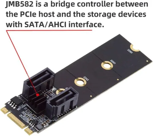 Vista 4 de Cablecc PCI Express NGFF Key B+M a SATA 3.0 6Gbps Dual Puertos Adaptador Vertical Convertidor Disco Duro Tarjeta de Extensión JMB582 2230 2242 2260