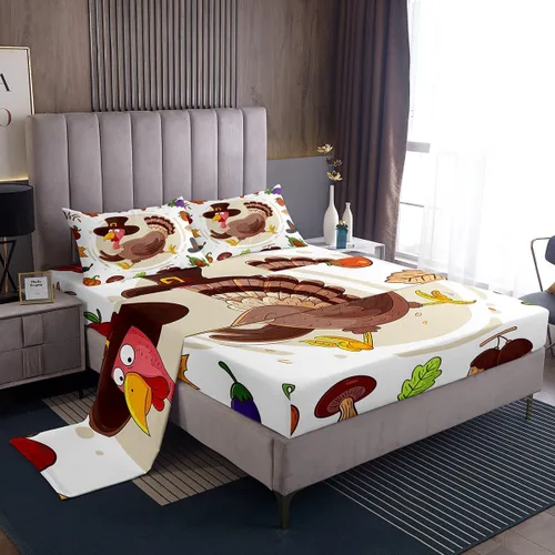 Vista 9 de Erosebridal Lindo juego de sábanas de pavo tamaño individual para niños y niñas, juego de sábanas de cosecha de Acción de Gracias, decoración