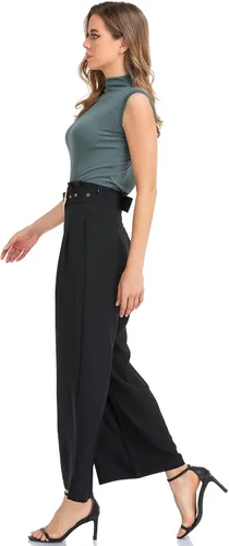 Vista 4 de Zindleec Pantalones largos palazzo de cintura alta para mujer, estilo casual, pierna ancha, pantalones largos para oficina y trabajo