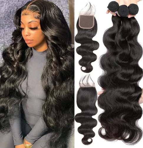Vista 17 de Paquetes de Ondas Corporales con Cierre para Mujeres Negras (10 12 14+10) 100% Cabello Humano Brasileño de Ondas Corporales Sin Procesar 3 Paquetes