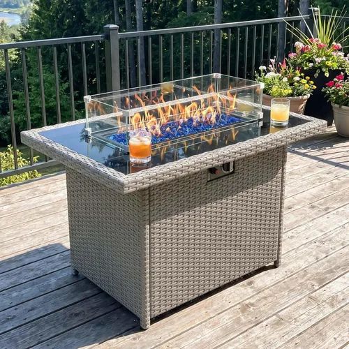 Vista 11 de Mesa de Fogata de Propano, 44 Pulgadas 55000 BTU Fogata de Gas Exterior Rectangular con Protector de Viento de Vidrio para Patio y Terraza Exterior
