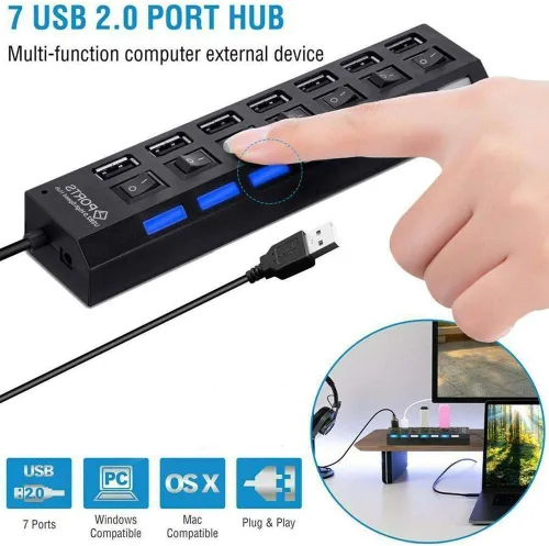 Vista 3 de Concentrador USB 2.0 de 7 puertos, extensor USB con interruptores LED individuales de encendido/apagado, protección contra sobrecorriente, Plug and