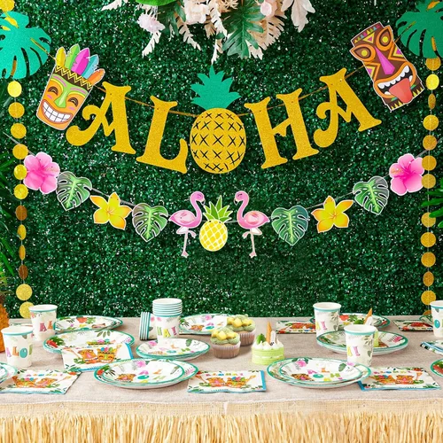 Vista 3 de WERNNSAI Pancarta hawaiana de Aloha para fiestas, flamenco, piña, tiki, tropical, Luau, suministros de fiesta, recuerdos, grande, dorado, brillante