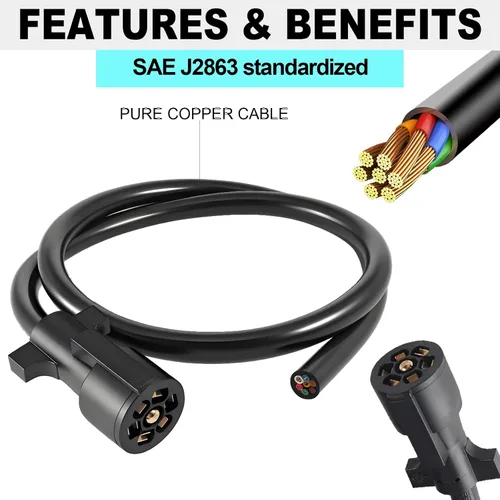 Vista 3 de Cable de remolque de 7 vías, cable de enganche de 4 pies de alta resistencia con 7 vías, cableado de enchufe de remolque en línea, arnés de cable