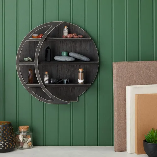 Vista 2 de Farmlyn Creek Estante de madera con luna – Decoración de pared gótica pulida – Estante de cristal y organizador de aceites esenciales – Decoración