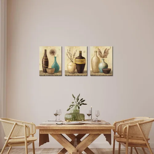 Vista 2 de sechars Arte de pared vintage con florero, flores de granja, pintura de hierba de las pampas, lienzo, cuadros de lienzo, arte estético retro marrón