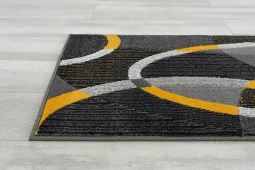 Vista 3 de Swirls Circles - Alfombra abstracta moderna de color amarillo, gris, negro (2 pies x 7 pies)