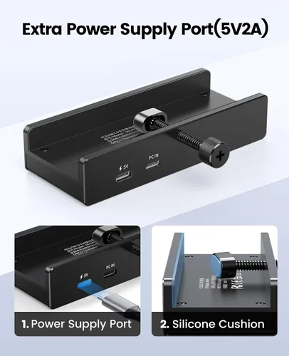 Vista 4 de ORICO Hub USB 3.0, Hub USB con Abrazadera con Puerto de Alimentación Extra, Adaptador USB de Aluminio de 4 Puertos con 3 Puertos de Datos USB-A