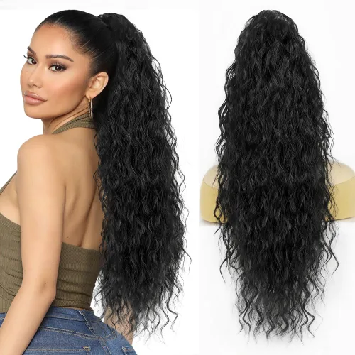 Vista 10 de Extensión de cola de caballo con cordón, extensión de cola de caballo larga y rizada para mujeres negras, extensiones de cabello negro de 26