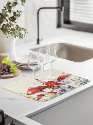 Vista 6 de Tapete de secado de platos de hongos para encimera de cocina, gnomos rojos, tapete de cocina de primavera, almohadilla de secado de microfibra