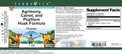 Vista 3 de Terravita Fórmula en polvo de cáscara de Agrimony, zanahoria y psyllium (1 oz, ZIN: 516866)