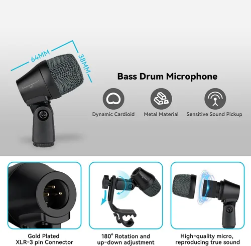 Vista 3 de happymusic M7 - Kit de micrófono de batería con cable, 7 piezas de metal dinámico de micrófono y platillos de bajo dinámico, uso para batería vocal