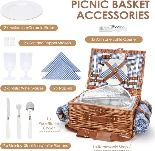 Vista 2 de Cestas de picnic para 2, cesta de picnic con manta impermeable, juego de cestas de picnic con alfombra de playa lavable y compartimento grande