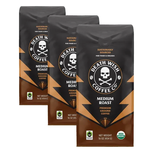 Vista 30 de Death Wish Coffee - Café molido orgánico de tostado medio, paquete de 6 Fair Trade Arabica & Robusta, Stone Fruit Caramel & Roasted Nut Notes