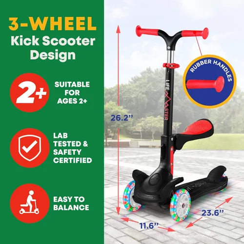 Vista 5 de Scooter de 3 ruedas para niños con asiento plegable, altura ajustable del manubrio, juguete de paseo inclinado para conducir para niños a partir