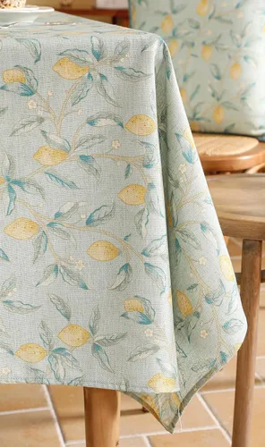Vista 9 de [Usado] patdrea Mantel largo de lino de diseño verde para mesa rectangular, mantel vintage transpirable con patrón de frutas amarillas, funda