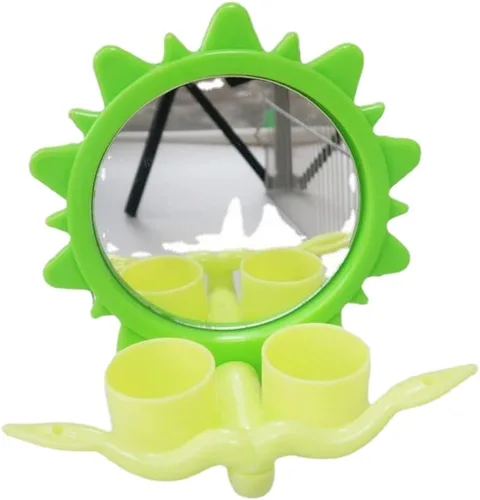 Vista 3 de Espejo de pájaro con taza verde para comer, forma divertida, perca, cacatúa, material acrílico, espejo, jaula de loro, juguetes inteligentes