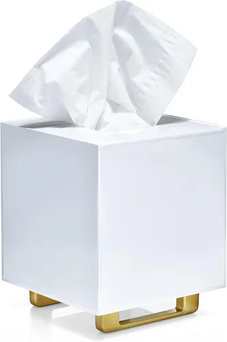 Vista 7 de YoBa Caja de pañuelos de acrílico negro grueso, dispensador cuadrado de caja de pañuelos con patas de aluminio chapado en oro para baño, cocina