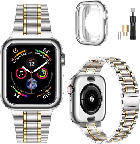 Vista 12 de MioHHR - Correas sólidas de acero inoxidable compatibles con Apple Watch de 38 mm, 40 mm, 41 mm, correa de metal con estuche suave de TPU para Negro